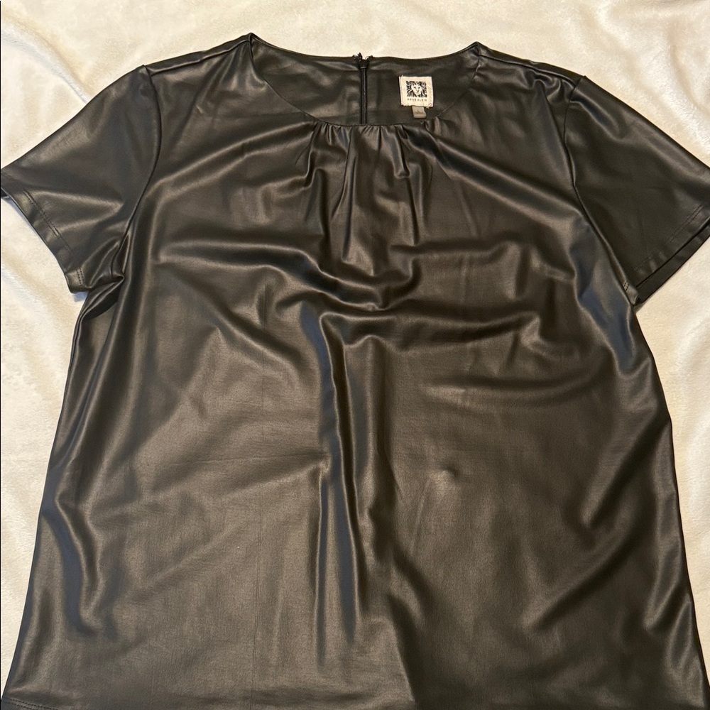 Anne Klein Black Faux Leather Short Sleeve Top